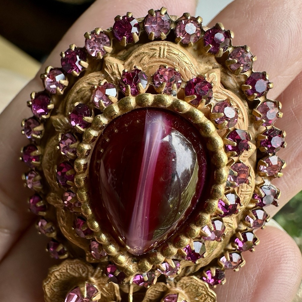 VTG Original By Robert Pendant Brooch 2 Inch Cat Eye Glass Cab Purple Rhinestone - Picture 7 of 13